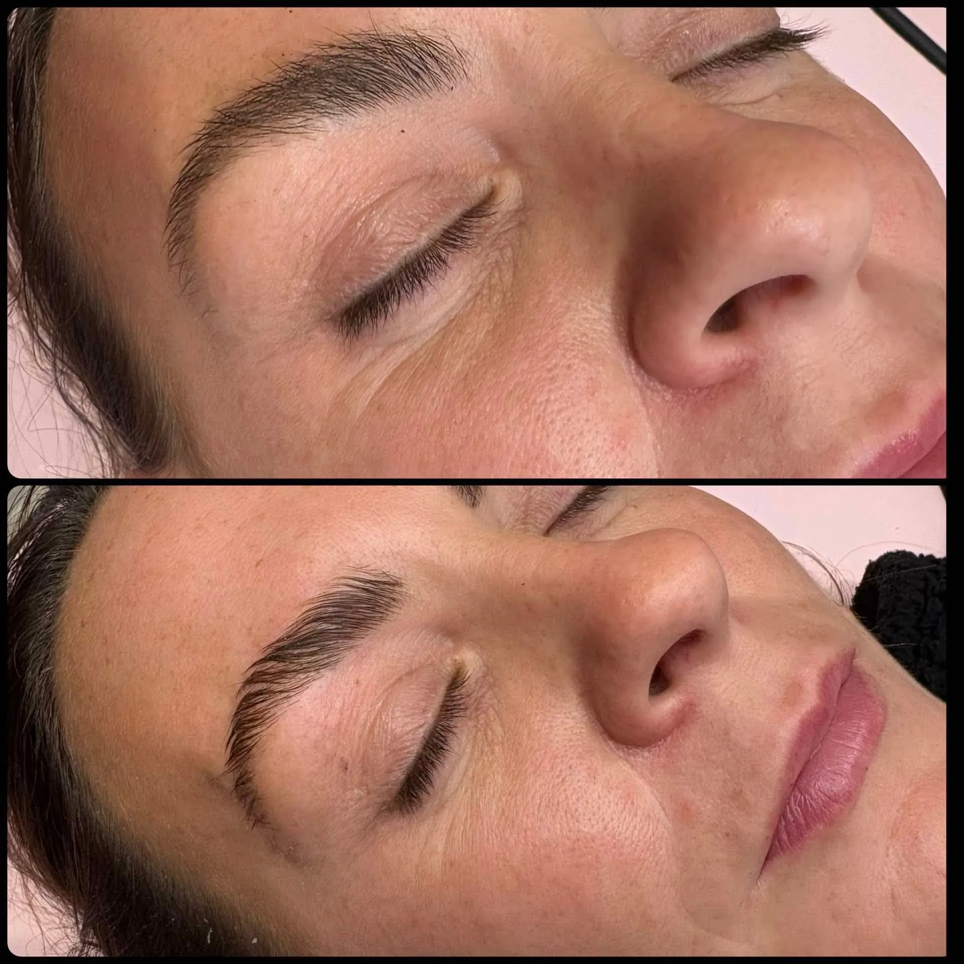 Brow lamination before and after — brows brushed up into a fuller, defined shape