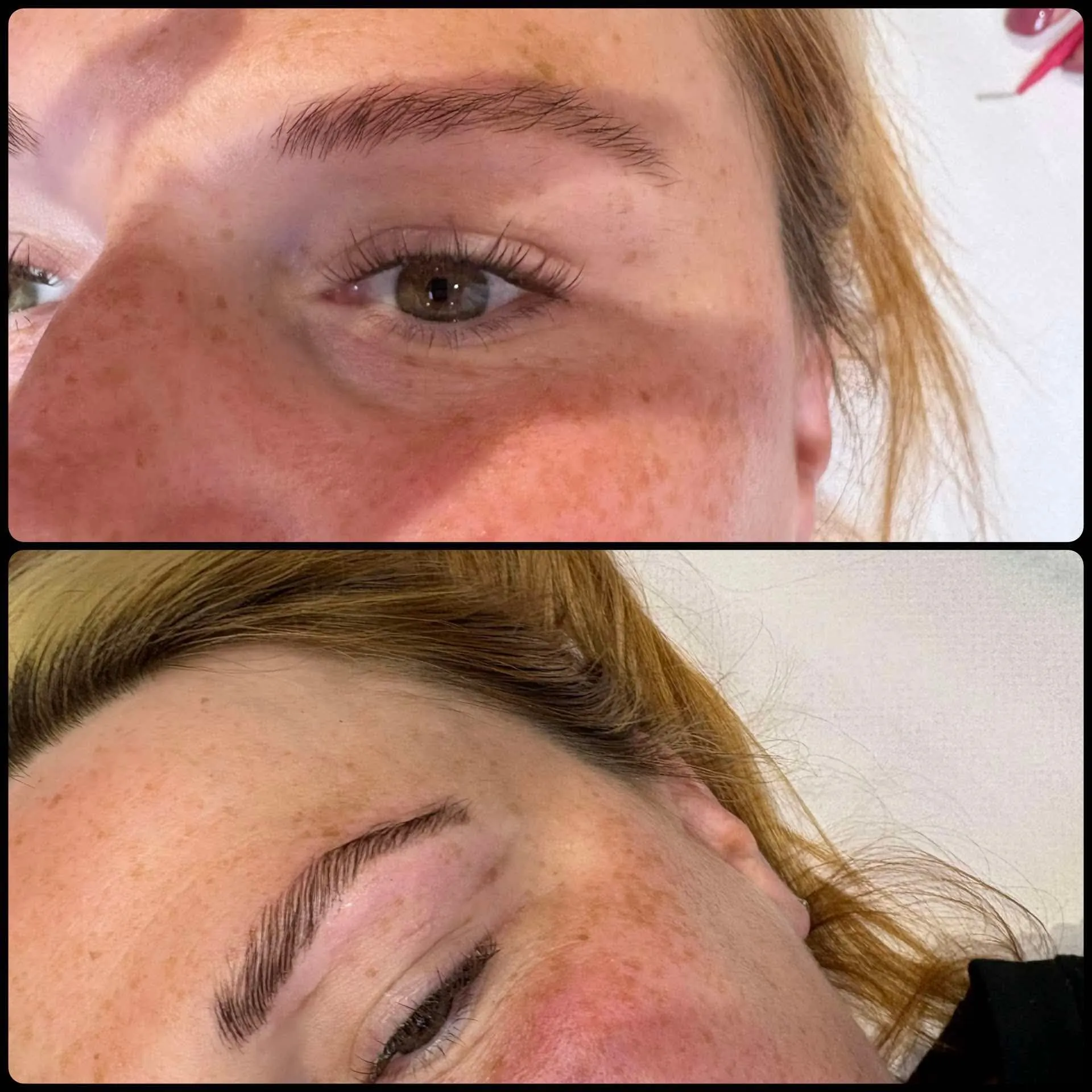 Brow lamination before and after — sparse brows transformed into a groomed, fuller arch