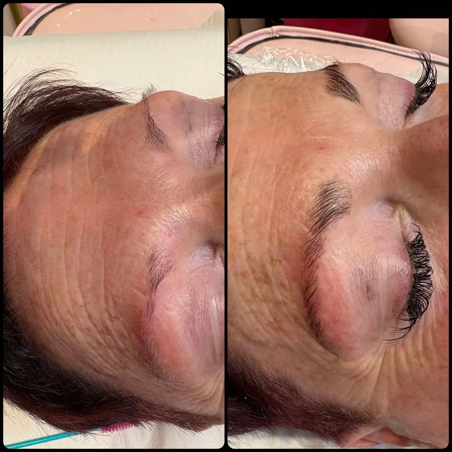 Brow lamination and tint before and after — thin brows given shape, depth and definition