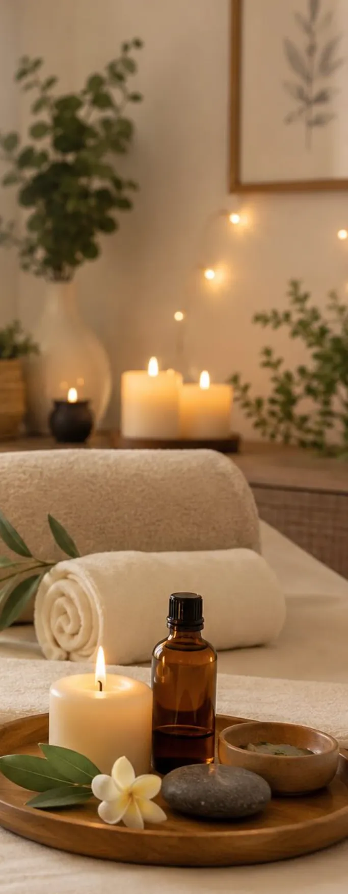 Calming massage treatment setup with candles and towels