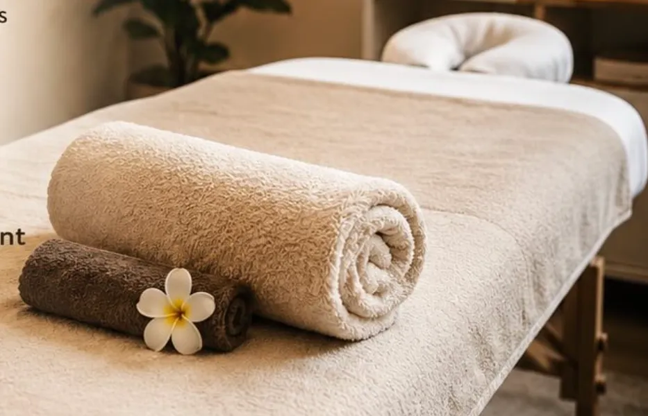 Freshly rolled towels on a massage table